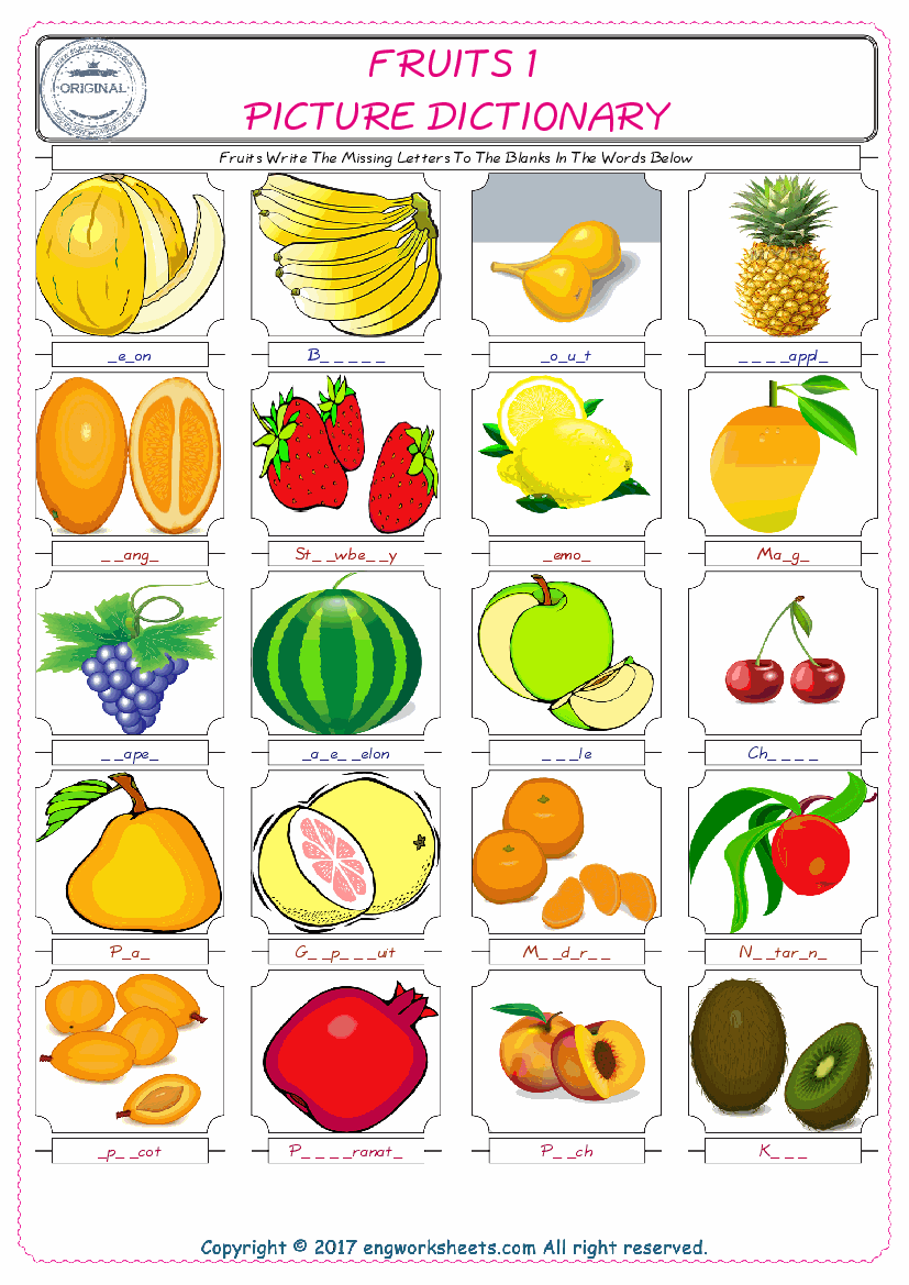  Fruits Words English worksheets For kids, the ESL Worksheet for finding and typing the missing letters of Fruits Words 